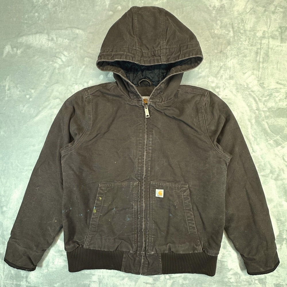 Carhartt Active Jacket L 12/14 Brown Duck Canvas Hooded 104053-DKB Splatter